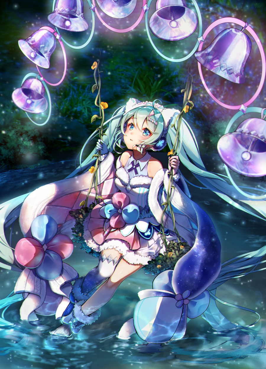 1girl, absurdly_long_hair, ahoge, aqua_hair, asymmetrical_footwear, asymmetrical_gloves, bell, blue_eyes