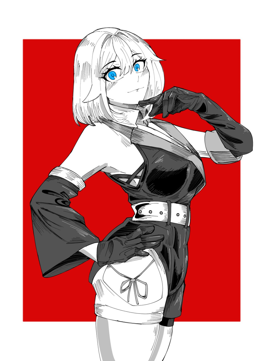 1girl, black_dress, black_gloves, black_unitard, blue_eyes, colored_inner_hair, dress, gloves