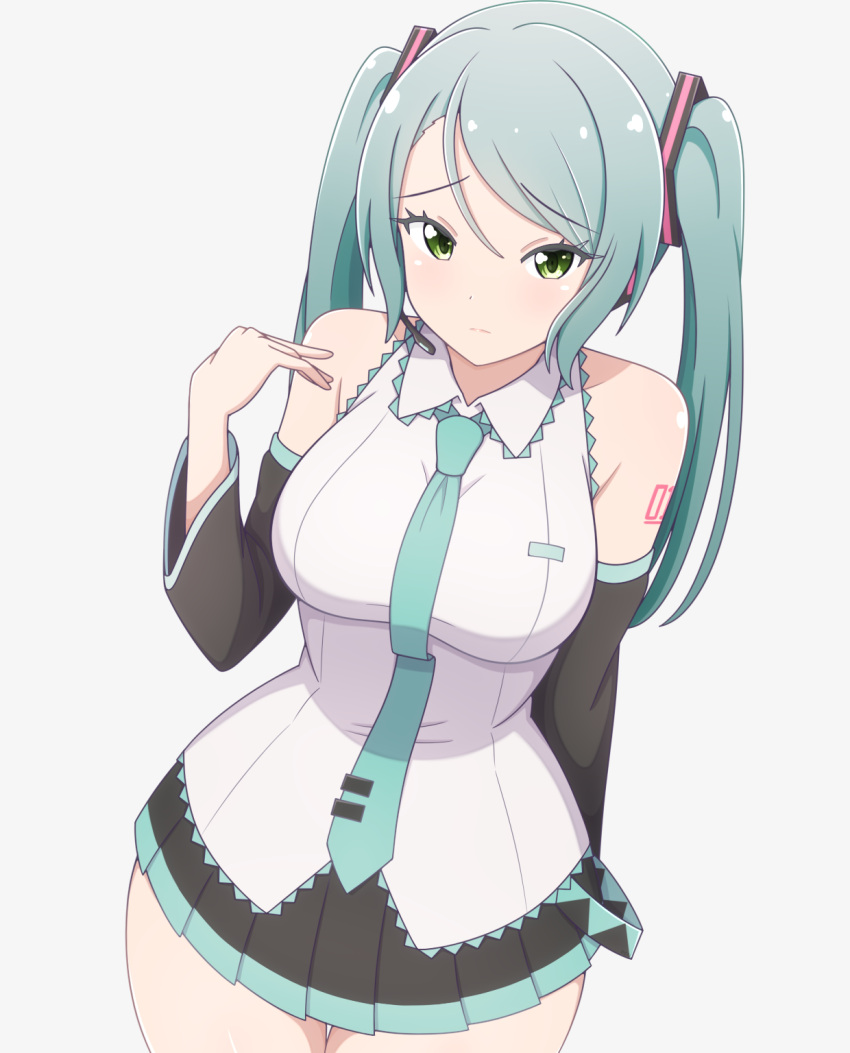 1girl, aqua_hair, bang_dream!, cosplay, detached_sleeves, green_eyes, hatsune_miku, hatsune_miku_(cosplay), highres, hikawa_sayo, long_hair, necktie, ren_0_(044ren), skirt, solo, twintails, vocaloid