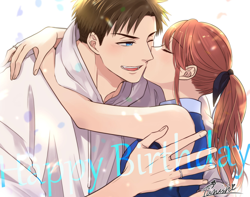 1boy, 1girl, blue_eyes, brown_hair, commentary_request, fujihashi_ryou, happy_birthday, hetero
