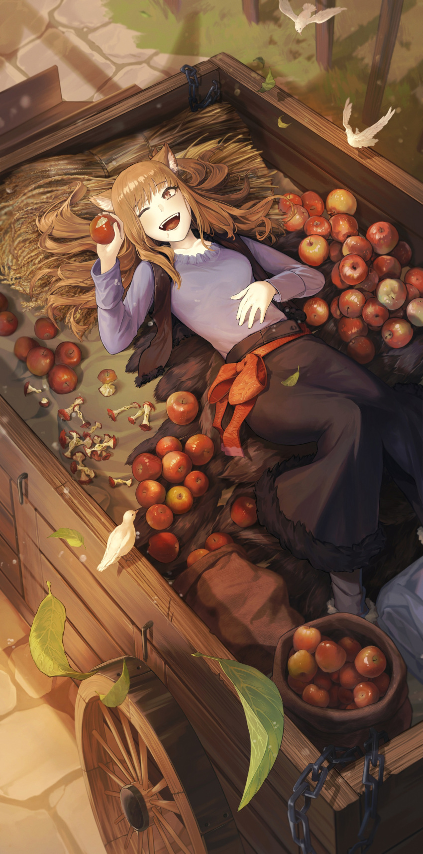 1girl, :d, absurdres, animal_ear_fluff, animal_ears, apple, apple_core, belt