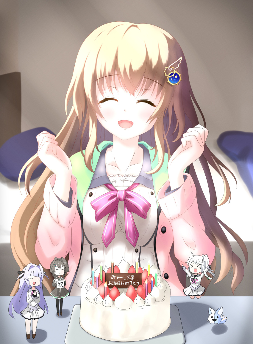 >_<, 4girls, 9-nine-, :d, ^_^, absurdres, ahoge, birthday_cake