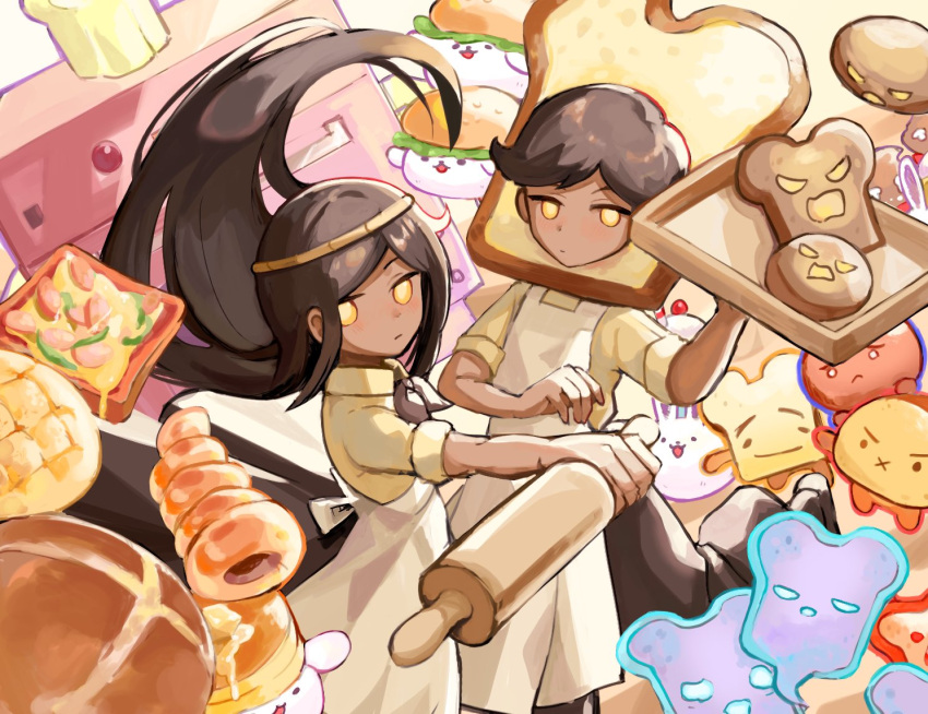 1boy, 1girl, biscuit_(omori), bread, brown_hair, bun_bunny_(omori), chocolate_cornet, closed_mouth