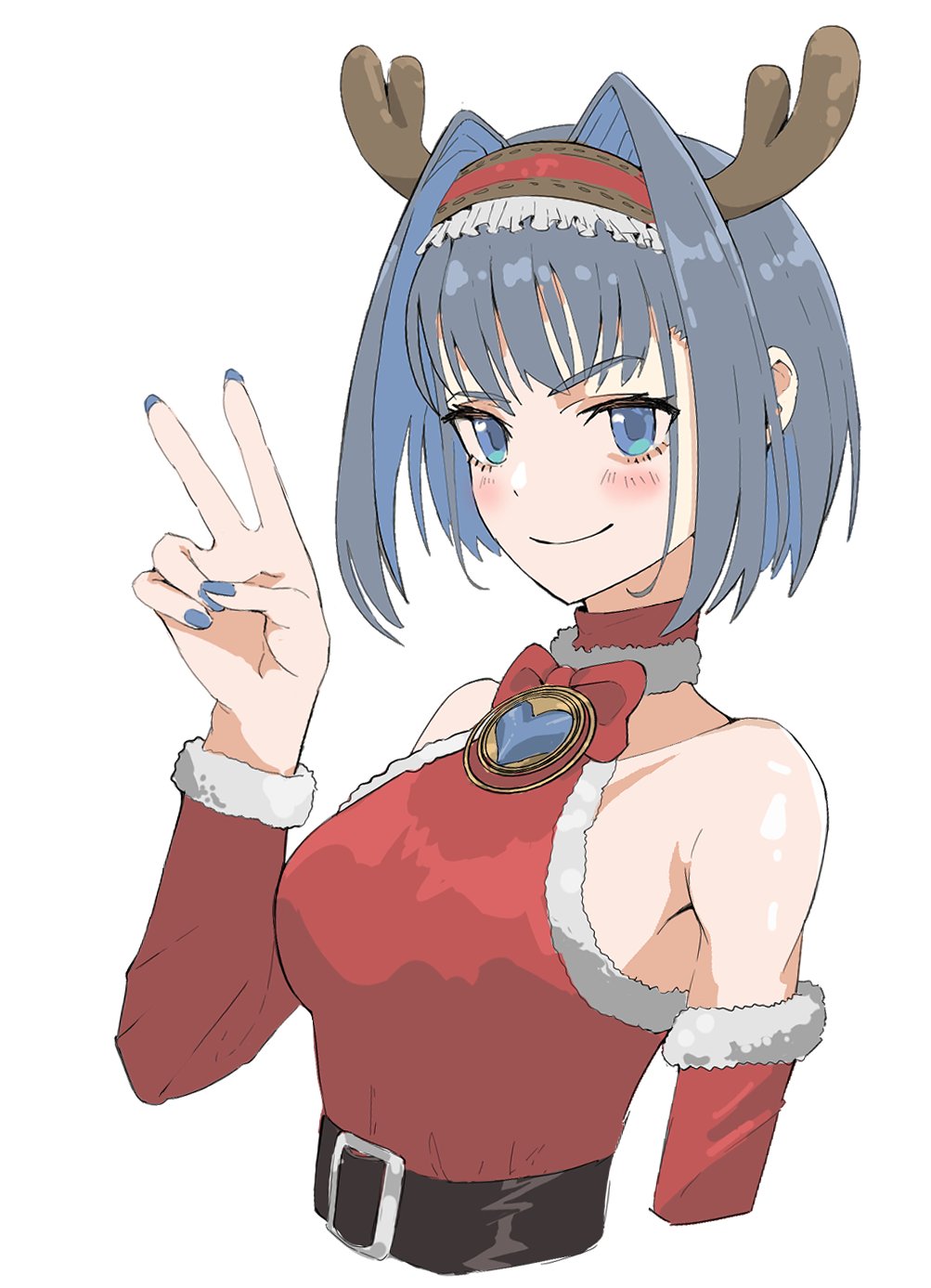 1girl, azisugito, black_hair, blue_eyes, blue_hair, blue_nails, breasts, brown_hairband