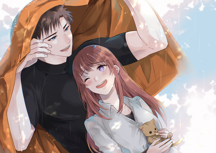 1boy, 1girl, animal, black_shirt, blue_background, blue_eyes, brown_hair, cat