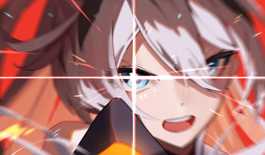 1girl, aiming, aiming_at_viewer, blue_eyes, close-up, commentary, harutoman, highres