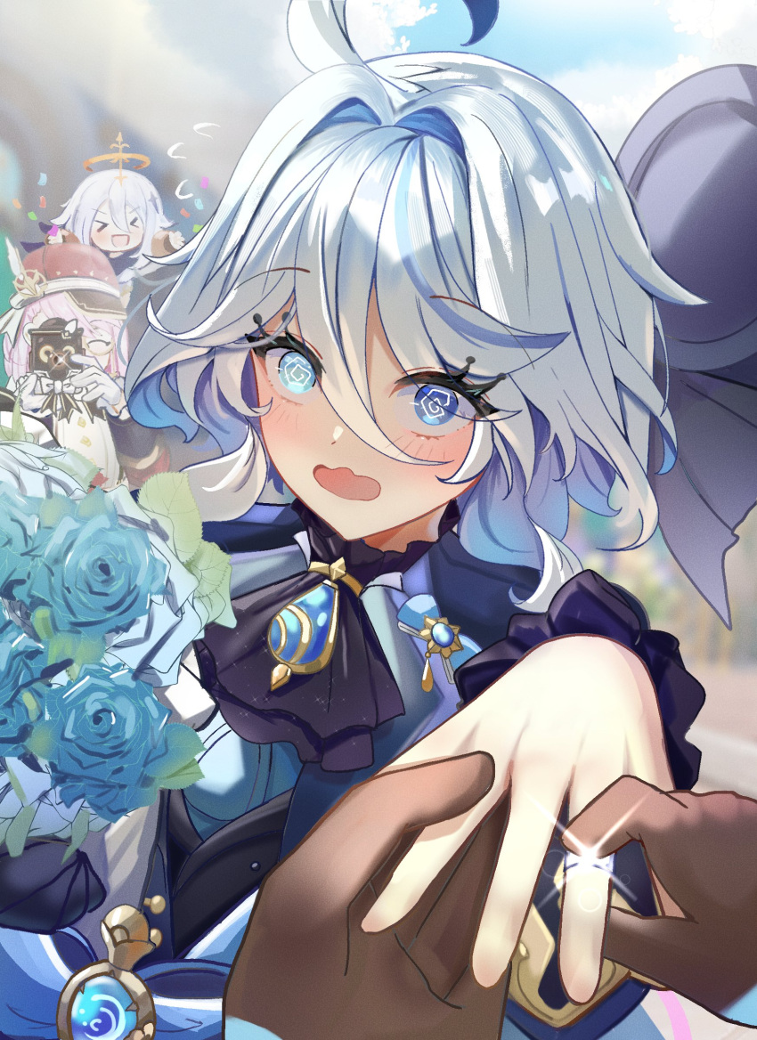 >_<, 1boy, 3girls, :d, @_@, absurdres, aether_(genshin_impact), ahoge