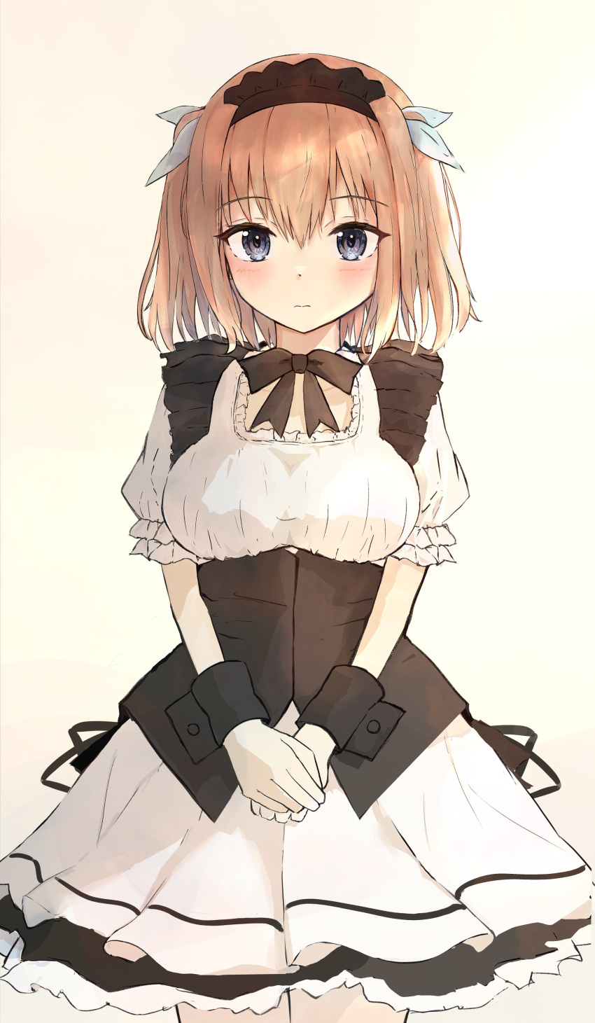 1girl, 3:, absurdres, alternate_costume, black_bow, black_bowtie, black_wrist_cuffs, blonde_hair, blue_eyes, blush, bow, bowtie, breasts, closed_mouth, commentary, cowboy_shot, dress, enmaided, eyes_visible_through_hair, frilled_dress, frilled_sleeves, frills, hair_between_eyes, hair_ribbon, highres, large_breasts, looking_at_viewer, maid, maid_headdress, medium_hair, okamic, onda_nei, own_hands_together, puffy_short_sleeves, puffy_sleeves, ribbon, sakura_no_toki, short_sleeves, shy, sidelighting, simple_background, solo, split_mouth, straight-on, tsurime, two_side_up, v_arms, white_background, white_dress, white_ribbon, wrist_cuffs