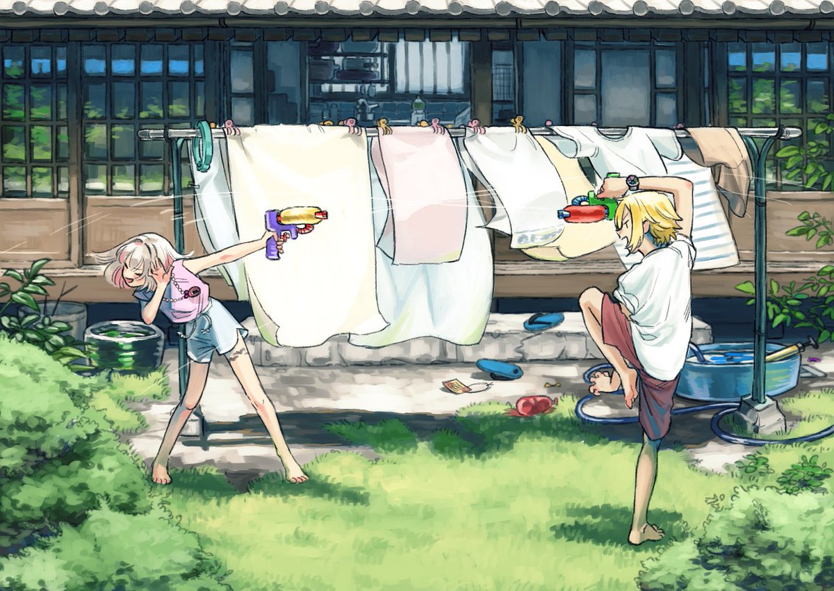 1boy, 1girl, alternate_costume, architecture, backyard, barefoot, blonde_hair, brown_hair