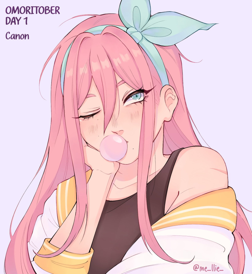 1girl, aubrey_(faraway)_(omori), aubrey_(omori), blowing_bubbles, blue_eyes, blue_hairband, chewing_gum, hairband