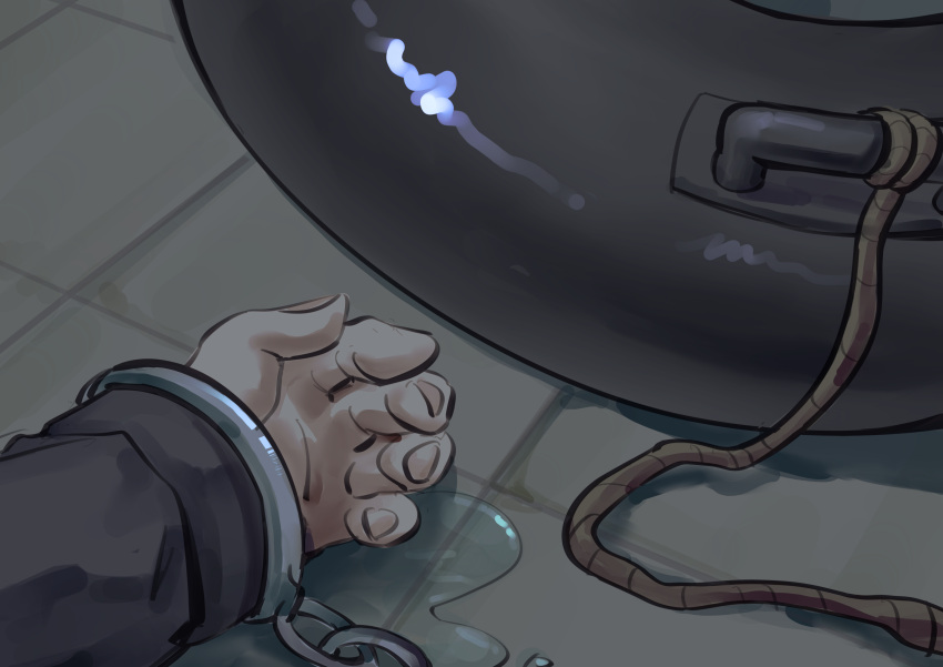 1boy, absurdres, black_innertube, black_sleeves, chinese_commentary, commentary_request, corpse, cuffs, danganronpa_(series), danganronpa_v3:_killing_harmony, fingernails, hand_focus, handcuffs, highres, hoshi_ryoma, indoors, long_sleeves, male_focus, palms, puddle, rope, sleeves_past_wrists, solo, spoilers, tile_floor, tiles, wuwuwu_shagou