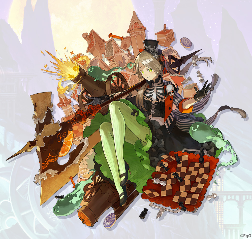 1girl, axe, black_footwear, black_gloves, black_skirt, cannon, chess_piece, chessboard, commentary_request, cookie, corset, facial_mark, food, forehead_mark, full_body, ghost, gloves, green_eyes, green_skirt, high_heels, holding, holding_axe, holding_polearm, holding_weapon, huge_weapon, medium_skirt, official_alternate_costume, official_art, open_mouth, parashu, phantom_of_the_kill, polearm, second-party_source, skeleton, skirt, skull, smile, solo, sweets_house, two-sided_fabric, two-sided_skirt, watarubou, weapon