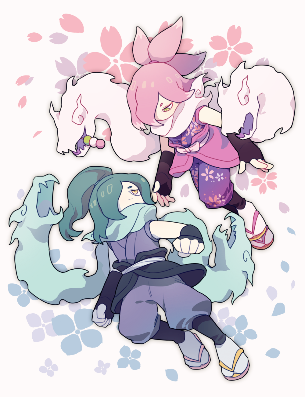 2boys, aqua_eyes, arms_at_sides, black_gloves, blue_scarf, clenched_hands, covered_mouth, dango