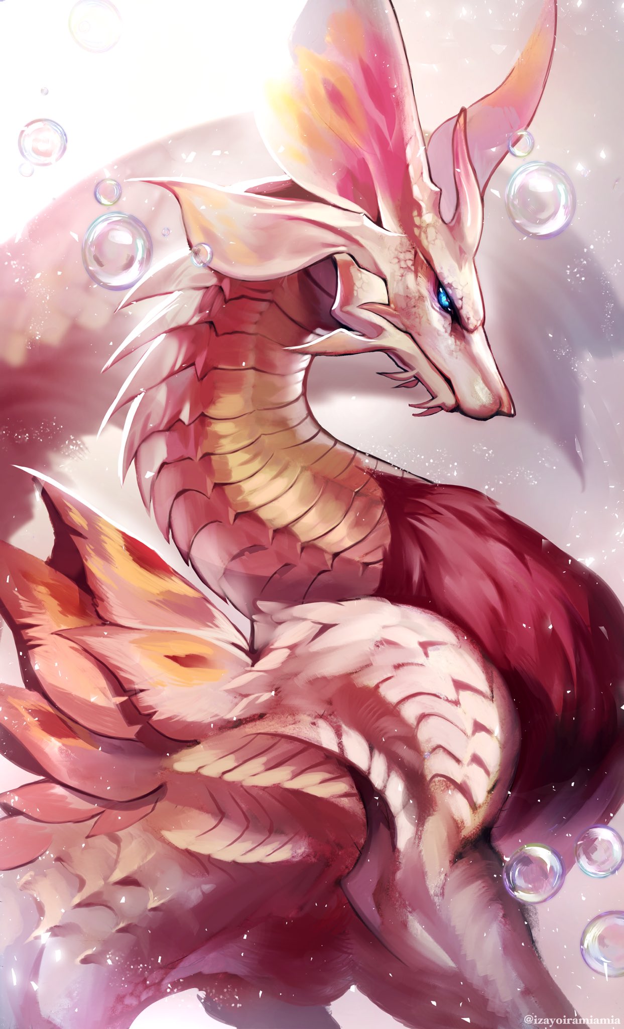 blue_eyes, bubble, claws, dragon, fins, head_fins, highres, horns