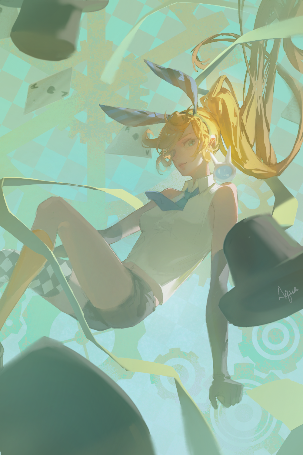 1girl, ace_(playing_card), ace_attorney, ace_of_diamonds, ace_of_spades, alternate_costume, animal_ear_hairband, animal_ears