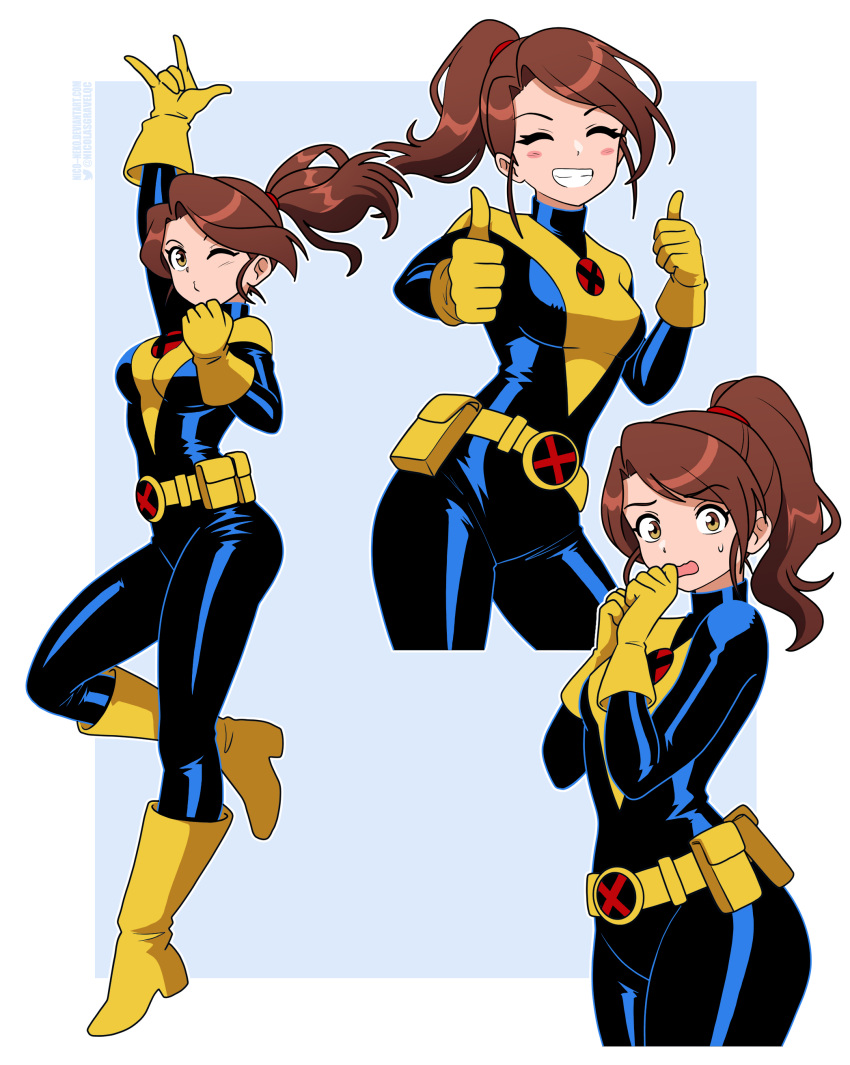 1girl, absurdres, animification, belt, bodysuit, boots, brown_eyes, brown_hair
