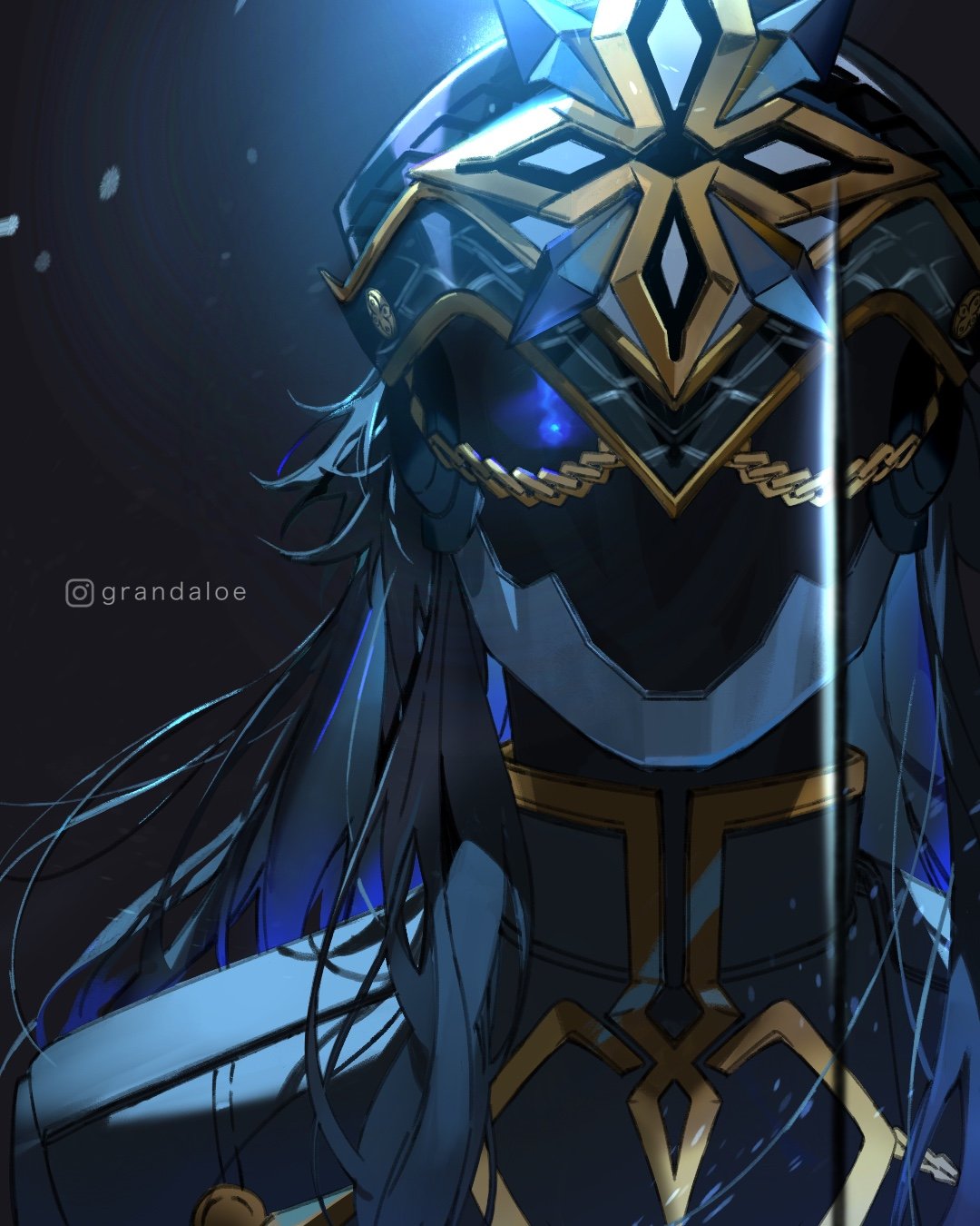 1boy, armor, artist_name, black_background, black_hair, black_jacket, blue_hair, capitano_(genshin_impact)