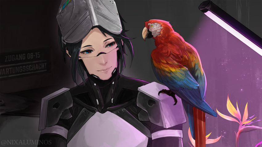 1girl, animal_on_shoulder, ara_(signalis), bird, bird_on_shoulder, black_bodysuit, black_hair, bodysuit