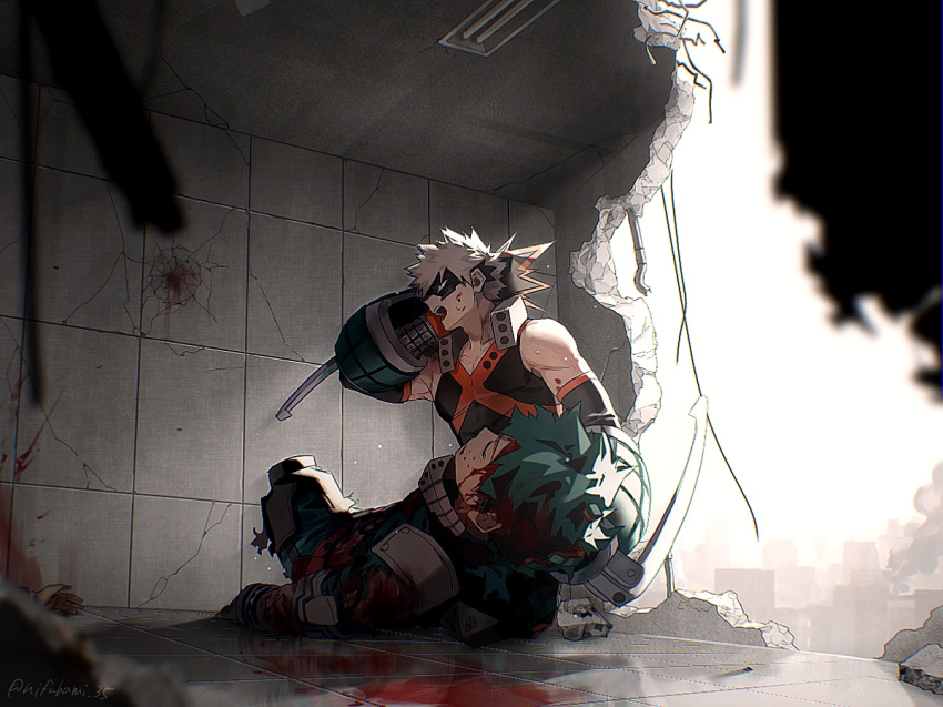 1other, 2boys, artist_name, bakugou_katsuki, bare_shoulders, black_mask, bleeding_from_forehead, blonde_hair