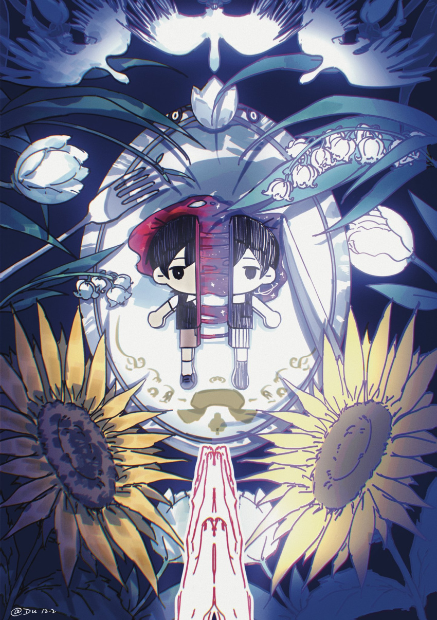 2boys, black_eyes, black_hair, black_sweater_vest, chibi, chibi_only, collared_shirt, colored_skin