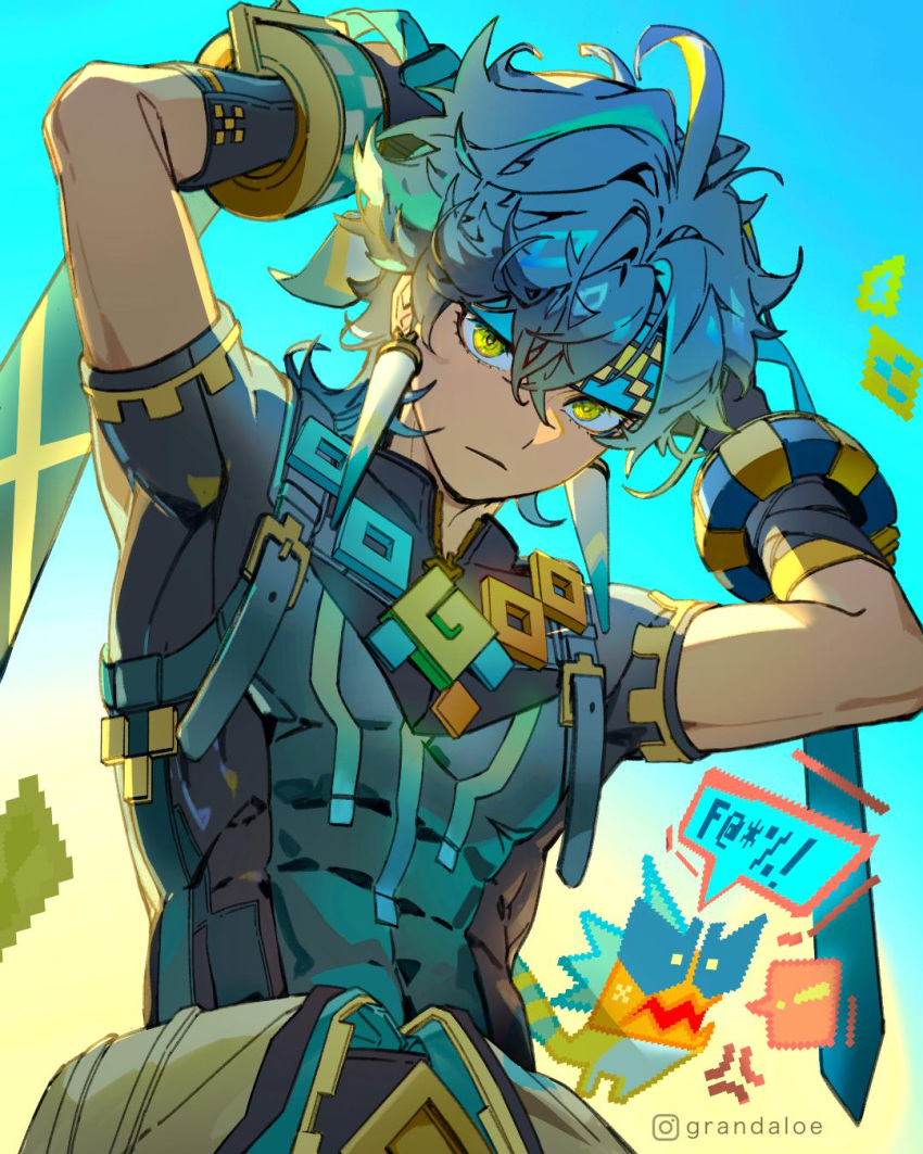 !, 1boy, :|, abs, ahoge, ajaw_(genshin_impact), anger_vein, arms_up