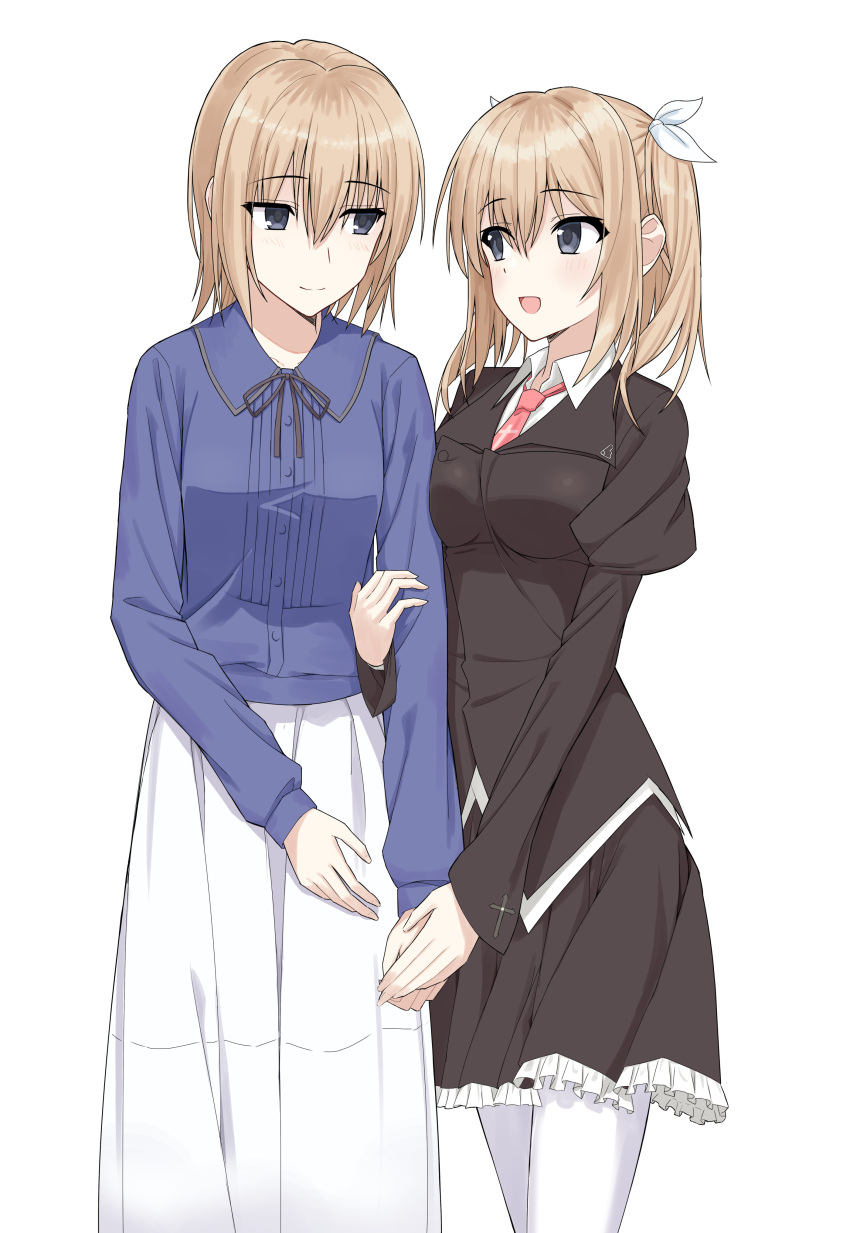 2girls, :d, absurdres, arm_hug, black_jacket, black_skirt, blonde_hair, blue_shirt