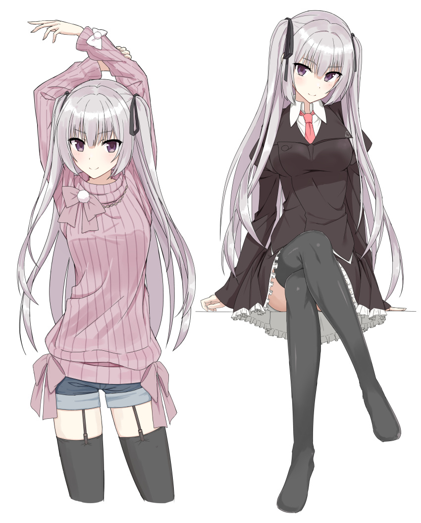 >:), 1girl, absurdres, arms_at_sides, arms_up, black_jacket, black_ribbon, black_skirt