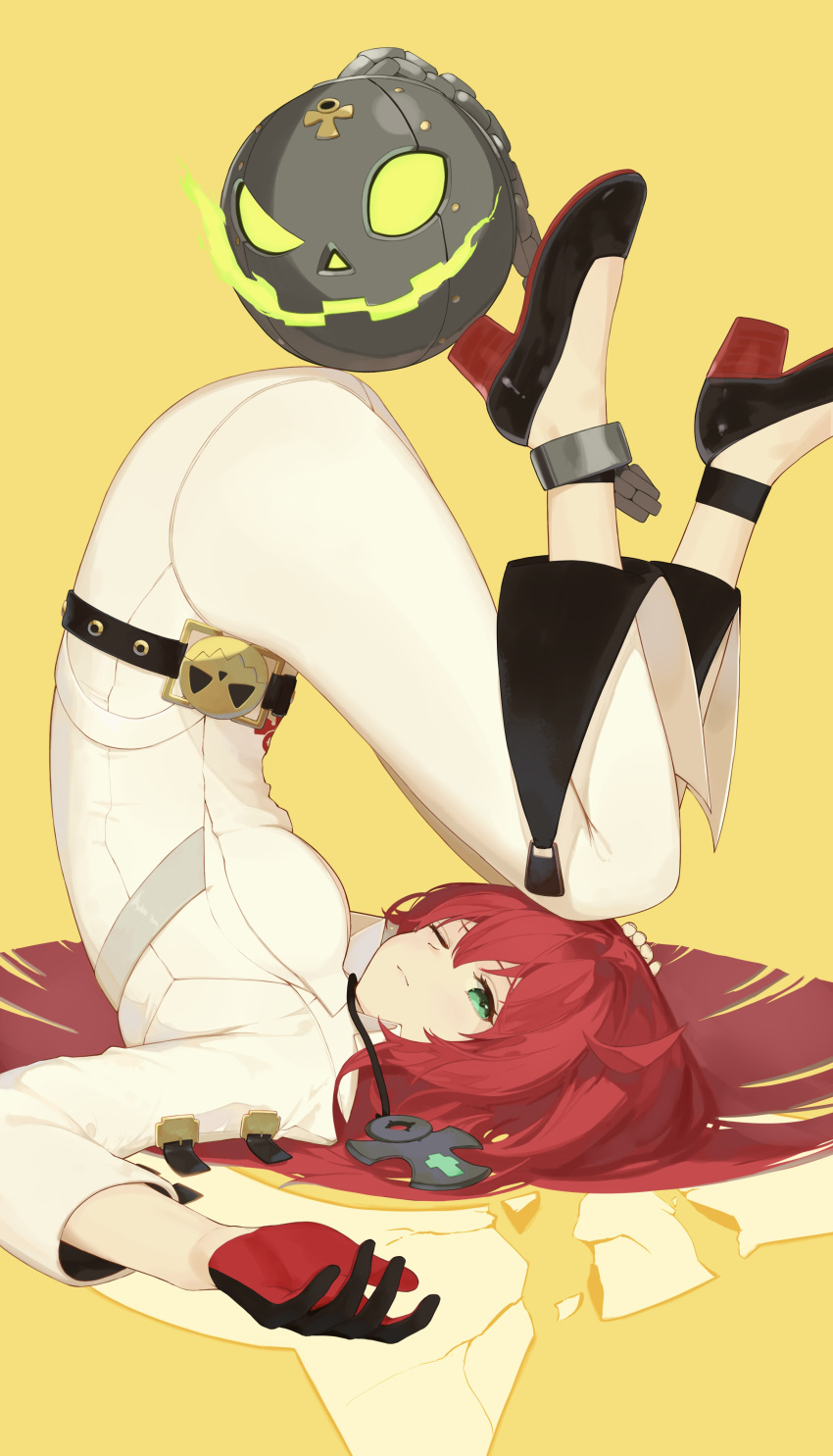 1girl, absurdres, ankh_necklace, ankh_print, ball_and_chain_restraint, bell-bottoms, belt, black_gloves