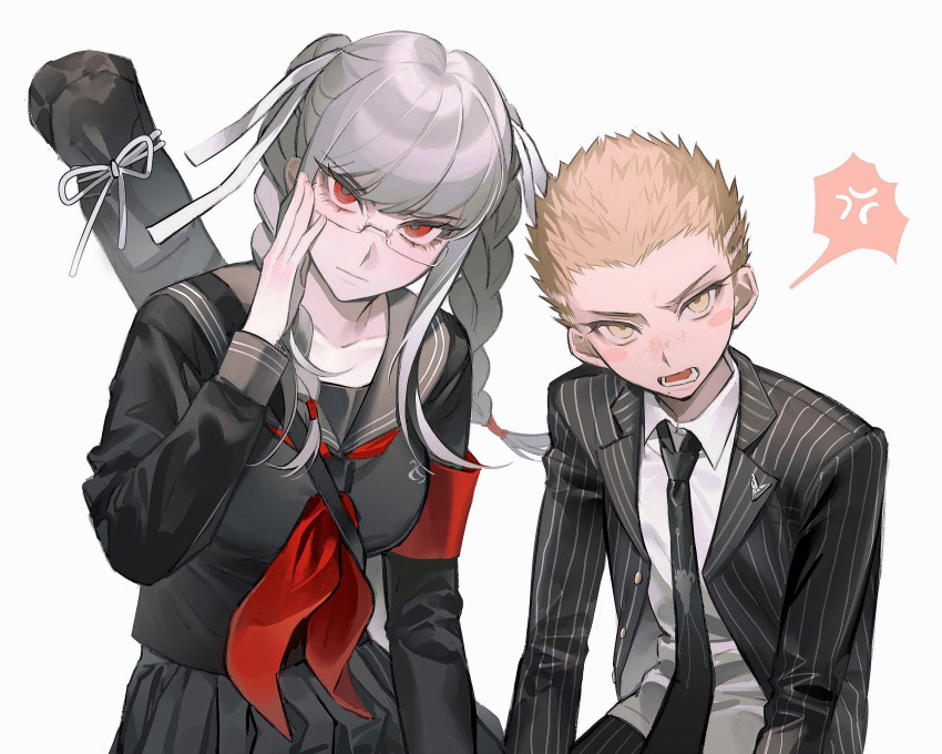 1boy, 1girl, adjusting_eyewear, anger_vein, armband, black_jacket, black_necktie, black_pants, black_shirt, black_skirt, blonde_hair, braid, collared_shirt, danganronpa_(series), danganronpa_2:_goodbye_despair, glasses, grey_hair, grey_sailor_collar, hair_ribbon, highres, jacket, jiu_zhi_jun_(kipll_bobo), kuzuryu_fuyuhiko, long_hair, looking_at_viewer, neckerchief, necktie, open_clothes, open_jacket, pants, pekoyama_peko, pleated_skirt, red_armband, red_neckerchief, ribbon, sailor_collar, serious, shirt, skirt, spoken_anger_vein, striped_clothes, striped_jacket, striped_pants, twin_braids, twintails, white_background, white_ribbon, white_shirt