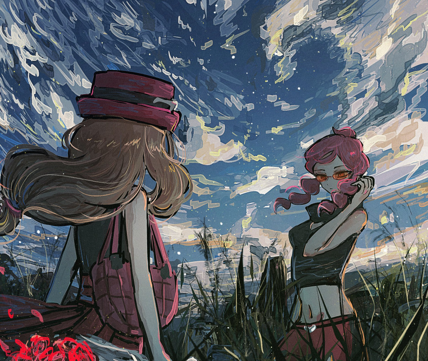 2girls, bag, black_shirt, brown_hair, closed_mouth, clouds, commentary_request, crop_top