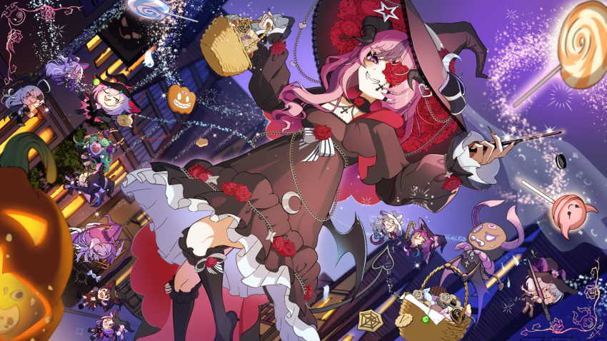 1boy, 5girls, animal_ears, apricot_the_lich, arthropod_girl, basket, black_dress, black_footwear