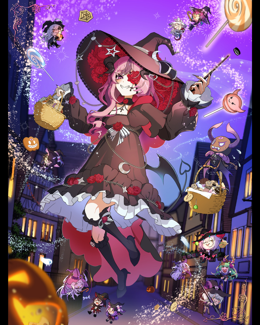 animal_ears, apricot_the_lich, arthropod_girl, basket, black_dress, black_footwear, black_hat, black_nails
