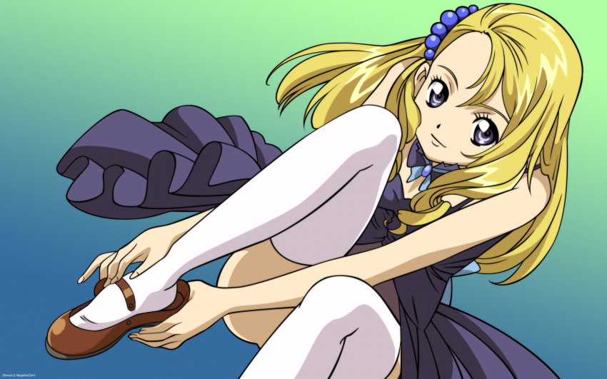 blonde_hair, blue_eyes, choker, highres, leg_lift, long_hair, negativezero, simoun