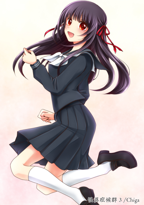 1girl, black_hair, black_serafuku, blunt_bangs, chi119, hair_ribbon, himeno_mikoto, kaii_shoukougun