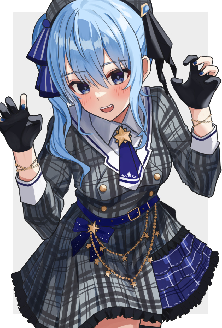 1girl, absurdres, belt, beret, black_gloves, blue_belt, blue_hair, blue_nails, blue_ribbon, blush, claw_pose, dress, gloves, grey_dress, grey_hat, hair_ribbon, hat, highres, hololive, hoshimachi_suisei, hoshimachi_suisei_(1st_costume), looking_at_viewer, mino_(miiiinon611), nail_polish, open_mouth, partially_fingerless_gloves, ribbon, smile, solo, striped_clothes, striped_dress, vertical-striped_clothes, vertical-striped_dress, virtual_youtuber