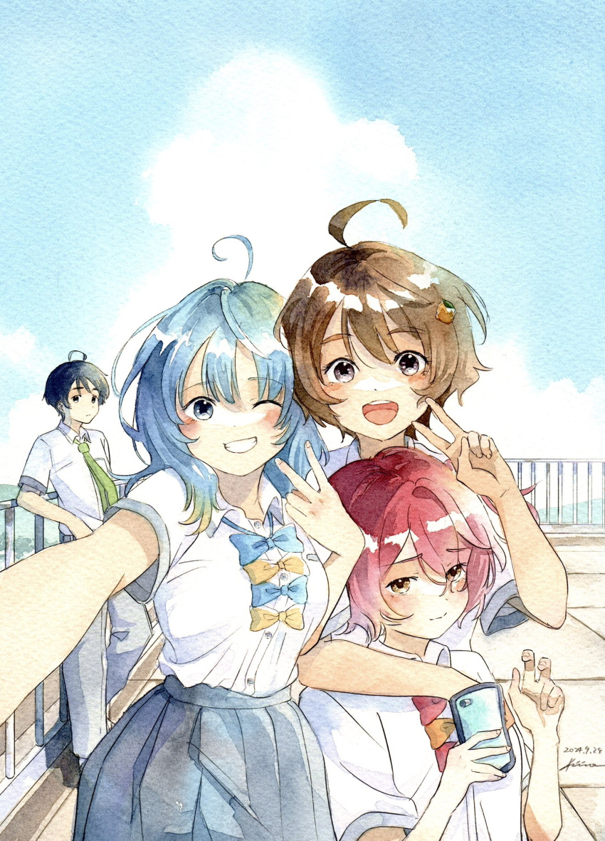 1boy, 3girls, ahoge, aose_kiiro, black_hair, blue_bow, blue_bowtie, blue_eyes, blue_hair, blue_sky, bow, bowtie, cellphone, clouds, collared_shirt, commentary_request, day, dress_shirt, food-themed_hair_ornament, grey_skirt, hair_ornament, highres, komari_chika, lemon_hair_ornament, make_heroine_ga_oo_sugiru!, medium_hair, multiple_girls, nukumizu_kazuhiko, outdoors, phone, railing, red_bow, red_bowtie, red_eyes, selfie, shirt, short_hair, skirt, sky, violet_eyes, white_shirt, yakishio_lemon, yanami_anna, yellow_bow, yellow_bowtie, yellow_eyes