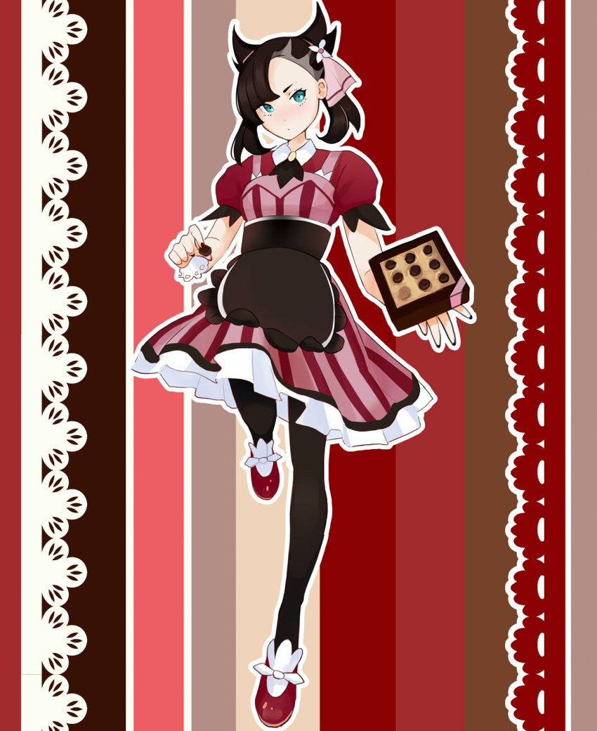1girl, apron, black_hair, black_nails, blue_eyes, box, box_of_chocolates, elloy_(ajhz2533)