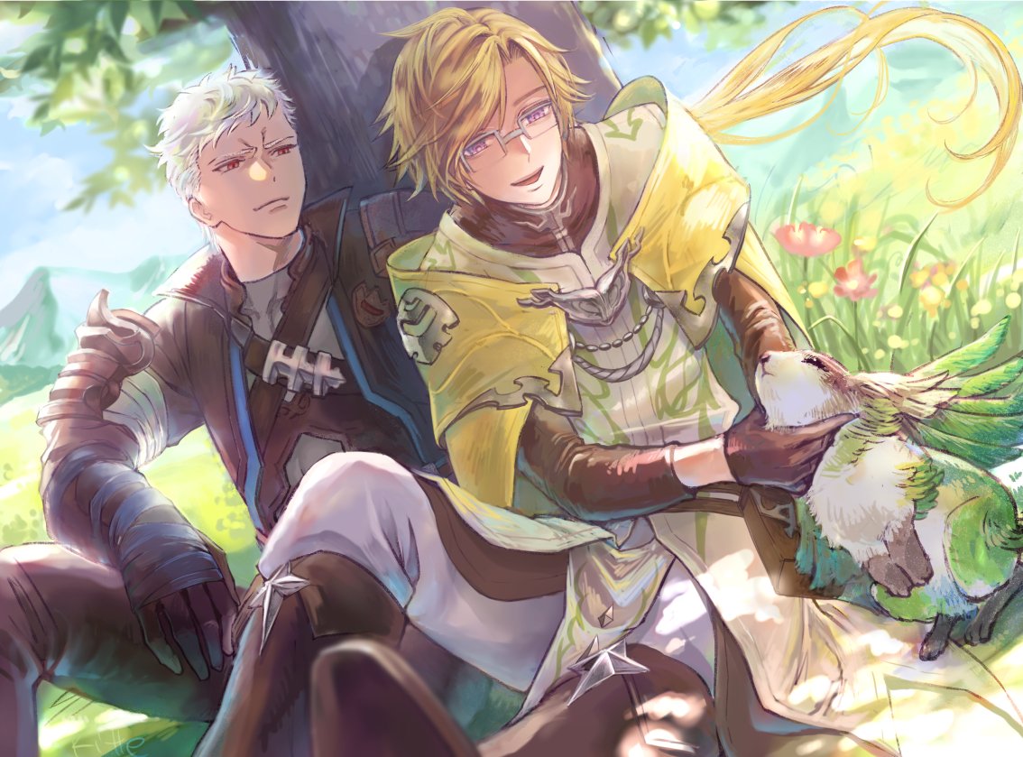 2boys, black_gloves, blonde_hair, brown_hair, capelet, glasses, gloves, granblue_fantasy