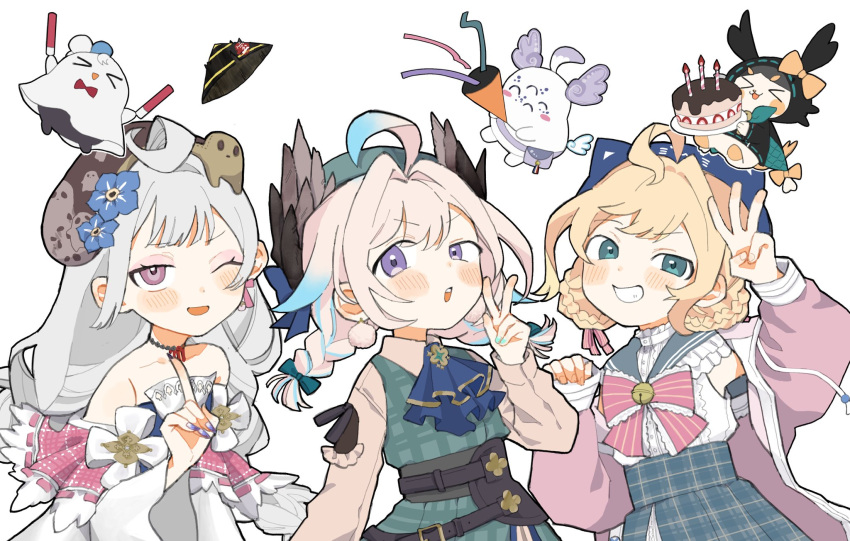 3girls, :o, ahoge, aloupeep_(enna_alouette), animal_hat, anniversary, aqua_eyes, aqua_nails, bare_shoulders, bell, beret, blonde_hair, blue_dress, blush, cake, cat_hat, conical_hat, dress, enna_alouette, enna_alouette_(3rd_costume), ethyria, famillie_(millie_parfait), finger_counting, flower, food, glowstick, green_dress, grey_hair, grin, hair_flower, hair_ornament, hat, head_wings, highres, holding, holding_cake, holding_food, holding_glowstick, holding_party_popper, jingle_bell, long_sleeves, millie_parfait, millie_parfait_(3rd_costume), mmm_toi0, multiple_girls, nijisanji, nijisanji_en, one_eye_closed, open_mouth, party_popper, phantomo_(reimu_endou), plaid_clothes, plaid_dress, pointing, pointing_up, purple_nails, reimu_endou, reimu_endou_(3rd_costume), sleeves_past_wrists, smile, thick_outlines, v, violet_eyes, virtual_youtuber, w, white_background, wings