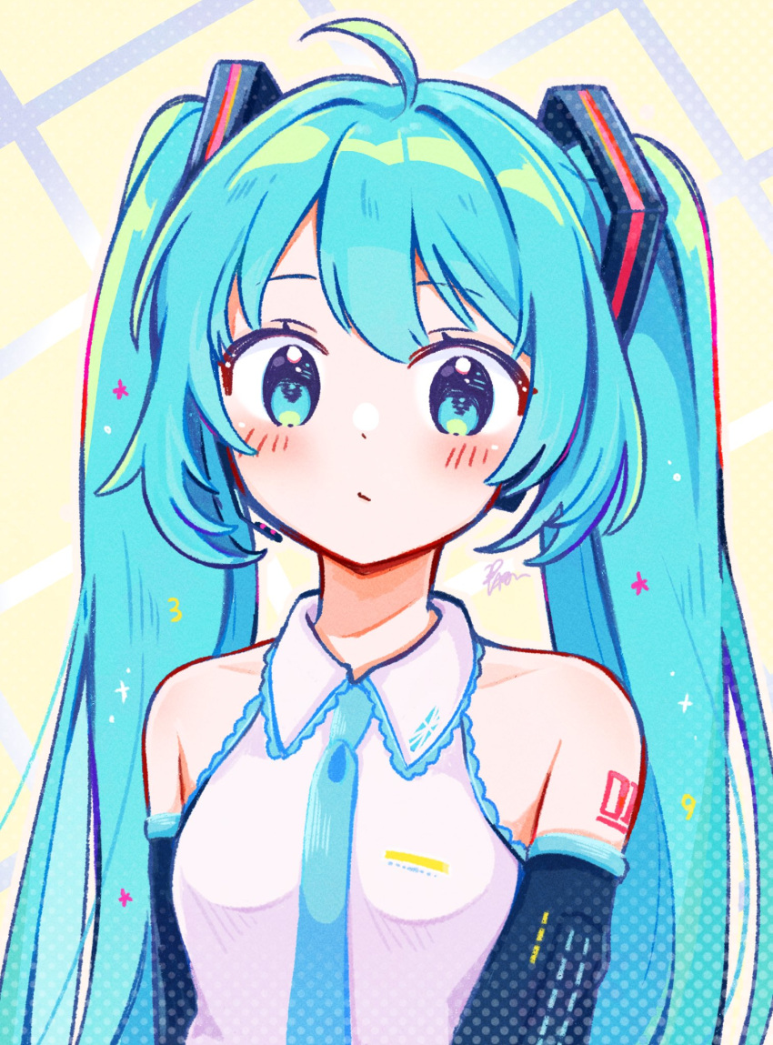 1girl, ahoge, aoiyui, aqua_hair, aqua_necktie, arm_tattoo, arm_warmers, blue_eyes