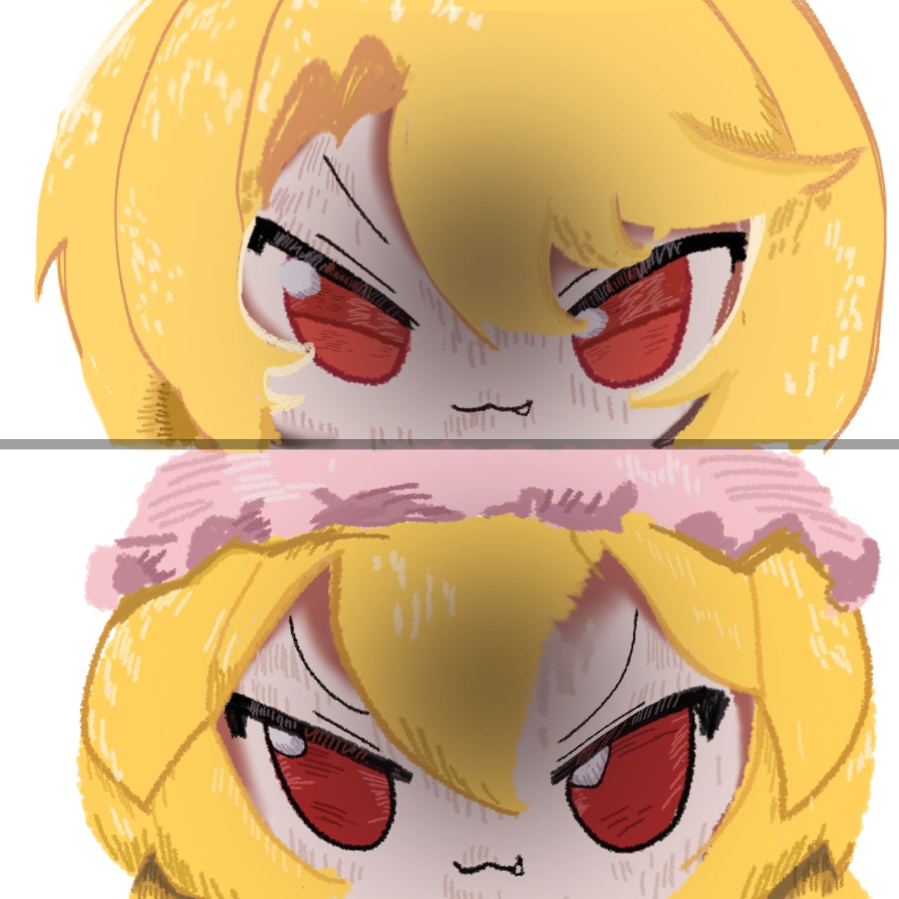 2girls, :3, blonde_hair, commentary, don_quixote_(project_moon), double-parted_bangs, english_commentary, fang