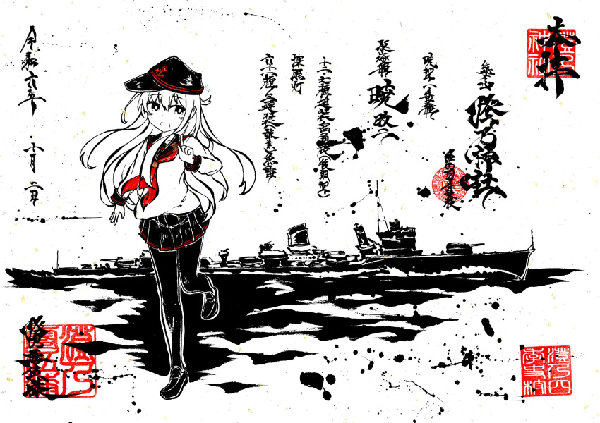 akatsuki_(destroyer), akatsuki_(kancolle), akatsuki_kai_ni_(kancolle), anchor_symbol, badge, blush, cannon, commentary, commentary_request, flat_cap, full_body, gun, hair_between_eyes, hat, highres, kantai_collection, loafers, long_hair, long_sleeves, looking_at_viewer, mast, military_vehicle, monochrome, neckerchief, ocean, open_mouth, pleated_skirt, pointing, recona_057, red_neckerchief, running, sailor_collar, school_uniform, serafuku, ship, shirt, shoes, skirt, smile, smokestack, spot_color, sumi-e, thigh-highs, torpedo_launcher, translation_request, turret, warship, watercraft, waves, weapon