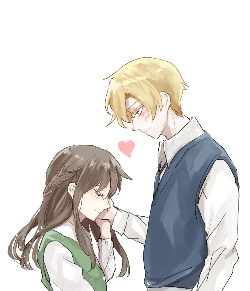 1boy, 1girl, amatsuka_yui, asadoke_no_majo, blonde_hair, blue_eyes, blue_sweater_vest, blush