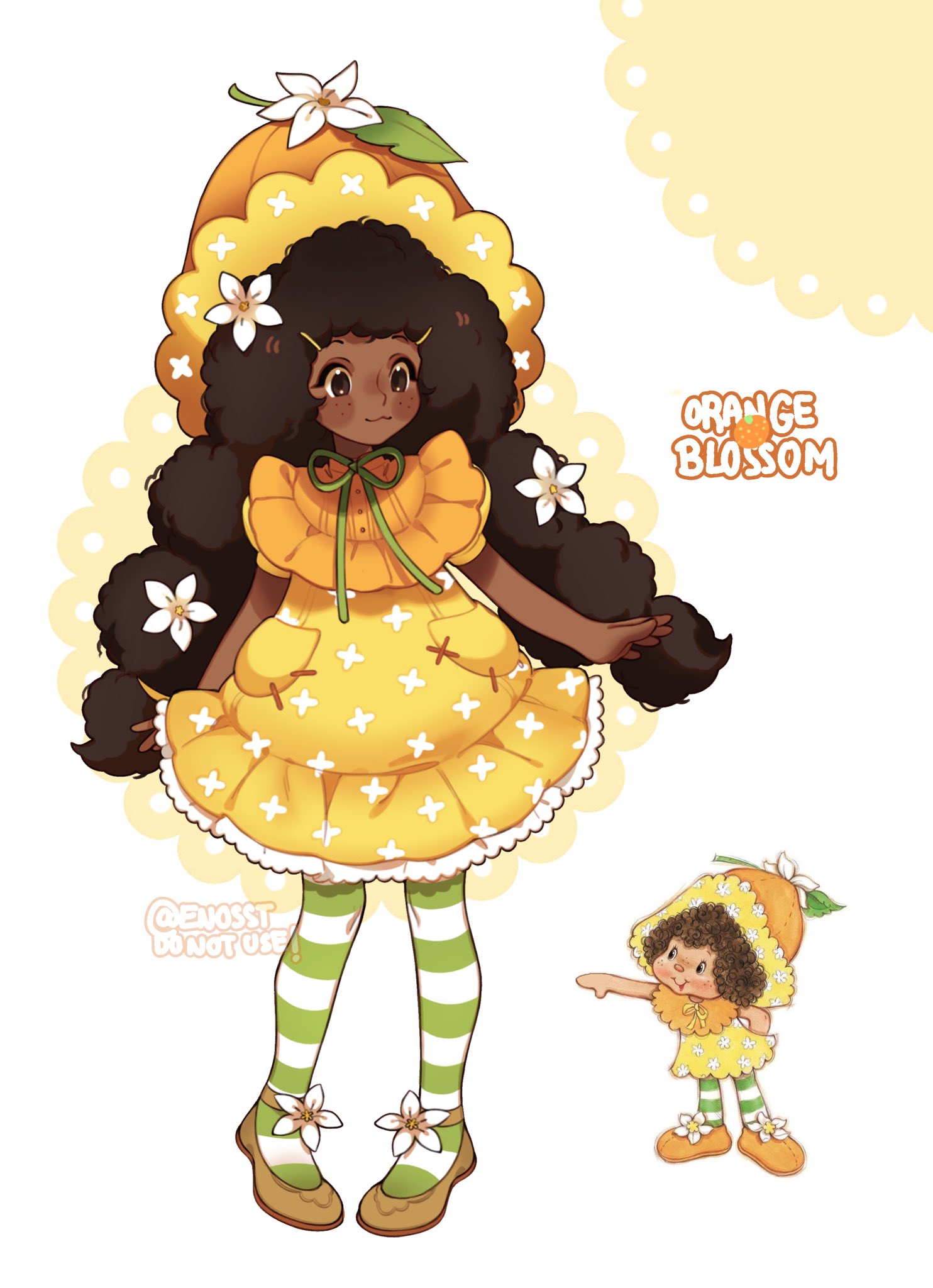 1girl, :3, afro, brown_eyes, brown_hair, commentary, curly_hair, dark-skinned_female, dark_skin, dress, english_commentary, enosst, flower, freckles, full_body, green_ribbon, hair_flower, hair_ornament, hat, highres, lolita_fashion, long_hair, multi-tied_hair, official_art_inset, orange_blossom_(sbsc), orange_blossoms, reference_inset, ribbon, simple_background, solo, standing, strawberry_shortcake_(copyright), sweet_lolita, very_dark_skin, very_long_hair, white_background, yellow_dress, yellow_hat