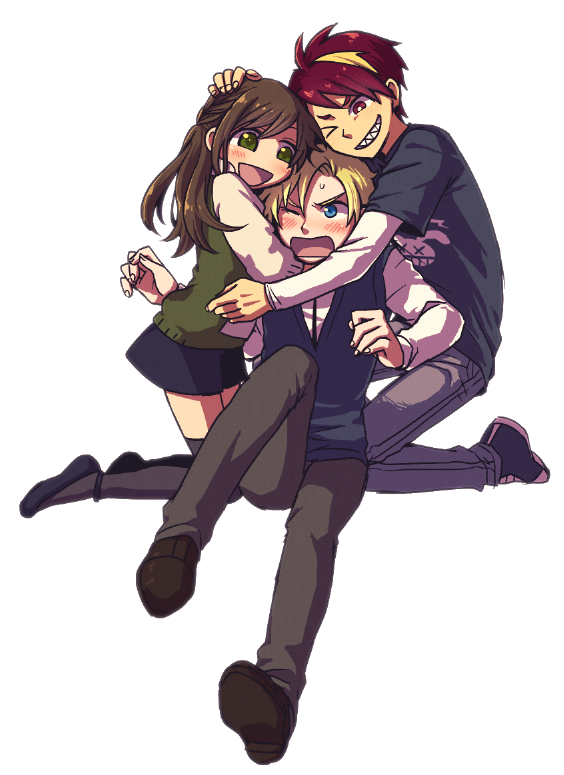 1girl, 2boys, affectionate, amatsuka_yui, asadoke_no_majo, black_shirt, blonde_hair, blue_eyes
