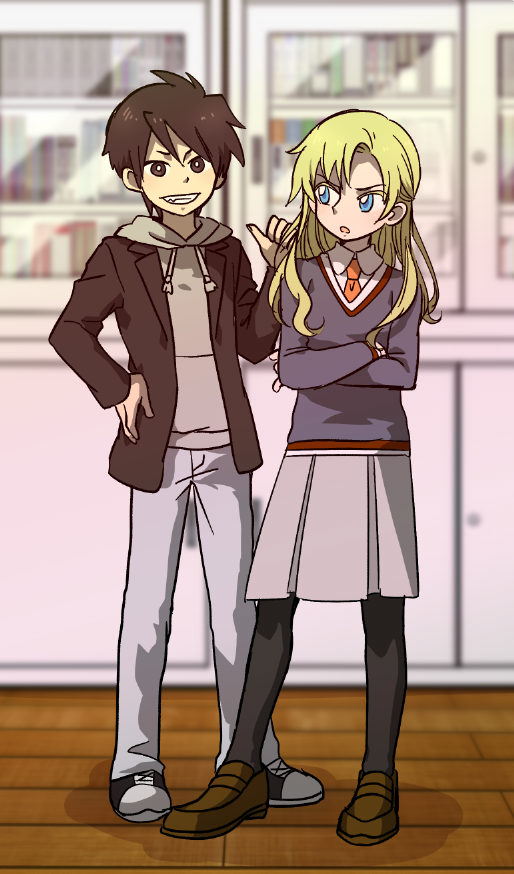 2boys, aged_down, asadoke_no_majo, blazer, blonde_hair, blue_eyes, brown_hair, charlotte_(asadoke_no_majo), crossdressing, hood, hoodie, jacket, long_hair, multiple_boys, nogi_shuichi, official_art, pantyhose, pleated_skirt, poreisan, school_uniform, sharp_teeth, short_hair, skirt, sweater, teeth, thigh-highs