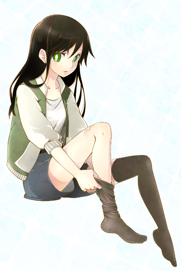 1girl, adjusting_clothes, adjusting_legwear, amatsuka_yui, asadoke_no_majo, brown_hair, green_eyes, green_jacket, jacket, long_hair, official_art, poreisan, shorts, sitting, solo, thigh-highs