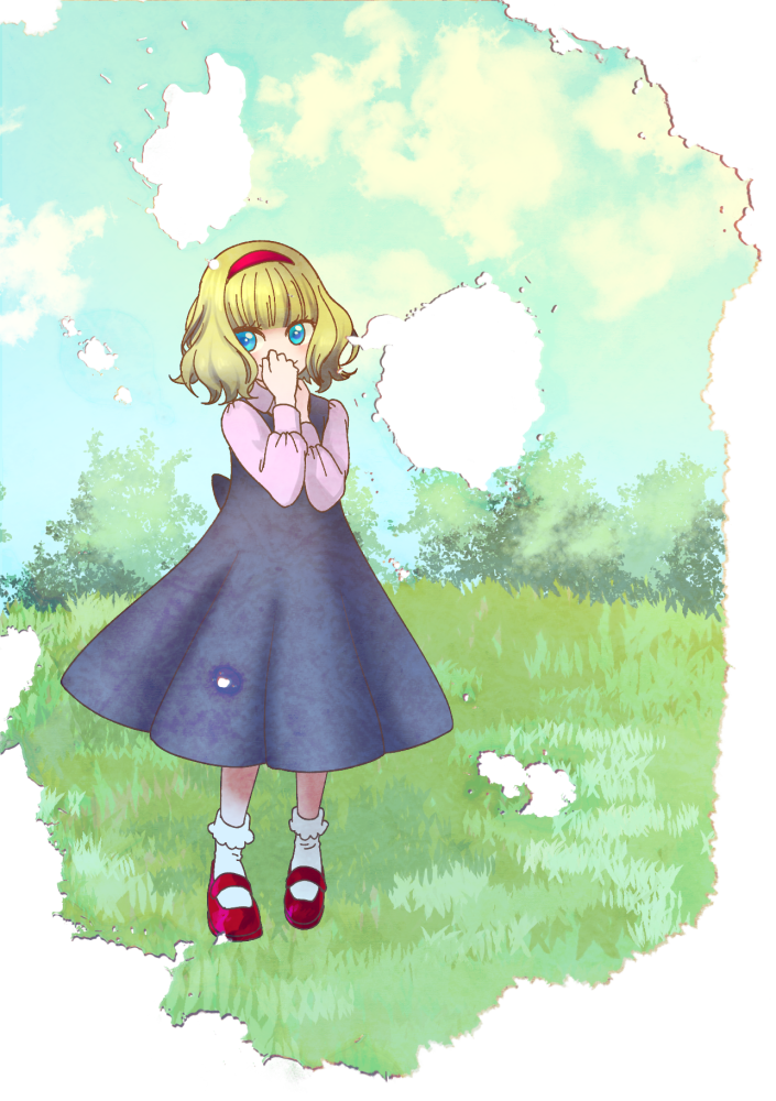 1girl, asadoke_no_majo, blue_dress, blue_eyes, child, dress, emma_(asadoke_no_majo), hairband
