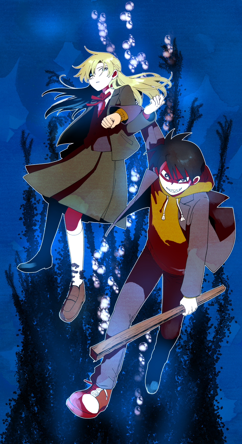 2boys, aged_down, asadoke_no_majo, black_hair, blazer, charlotte_(asadoke_no_majo), highres, hood