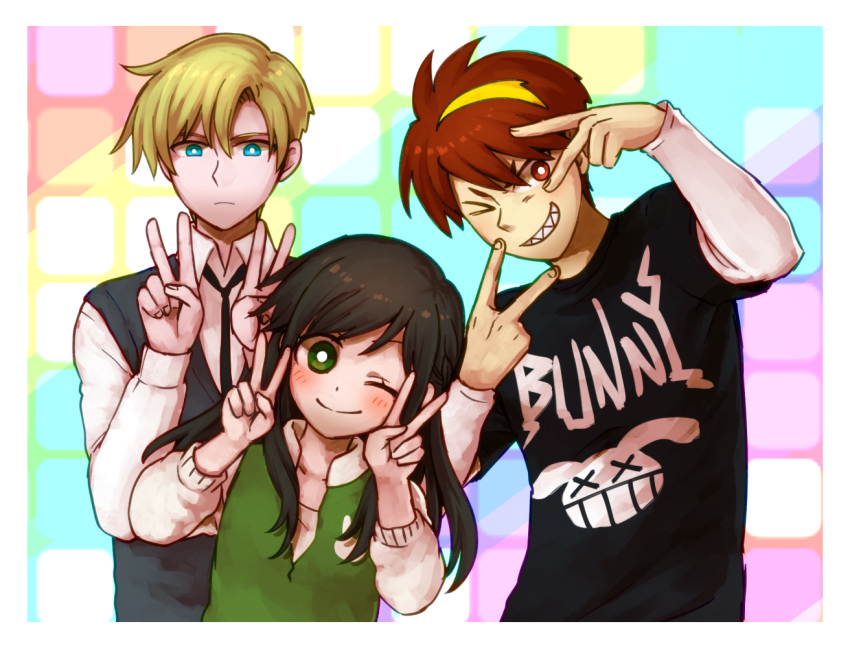 1girl, 2boys, amatsuka_yui, asadoke_no_majo, black_shirt, blonde_hair, blue_eyes, blue_sweater_vest